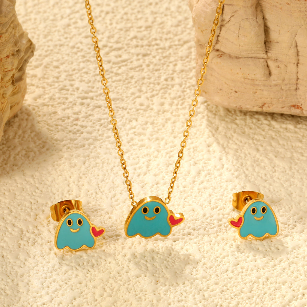 Drip oil heart brat set steel color / gold color Earrings: 9.6*8mm Pendant: 11.6*9.4mm 0.3 cross chain 40+5cm+6mm round plate