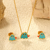 Drip oil heart brat set steel color / gold color Earrings: 9.6*8mm Pendant: 11.6*9.4mm 0.3 cross chain 40+5cm+6mm round plate