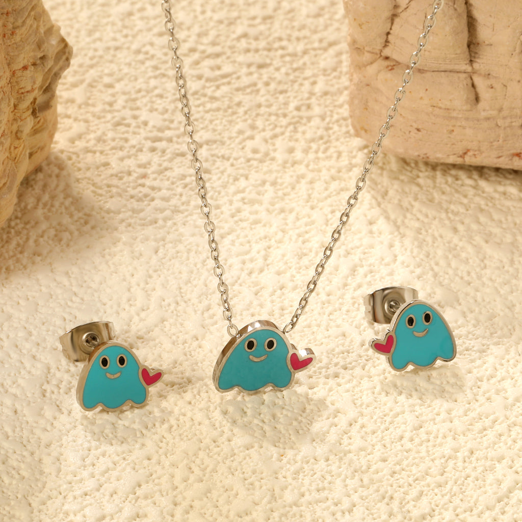 Drip oil heart brat set steel color / gold color Earrings: 9.6*8mm Pendant: 11.6*9.4mm 0.3 cross chain 40+5cm+6mm round plate