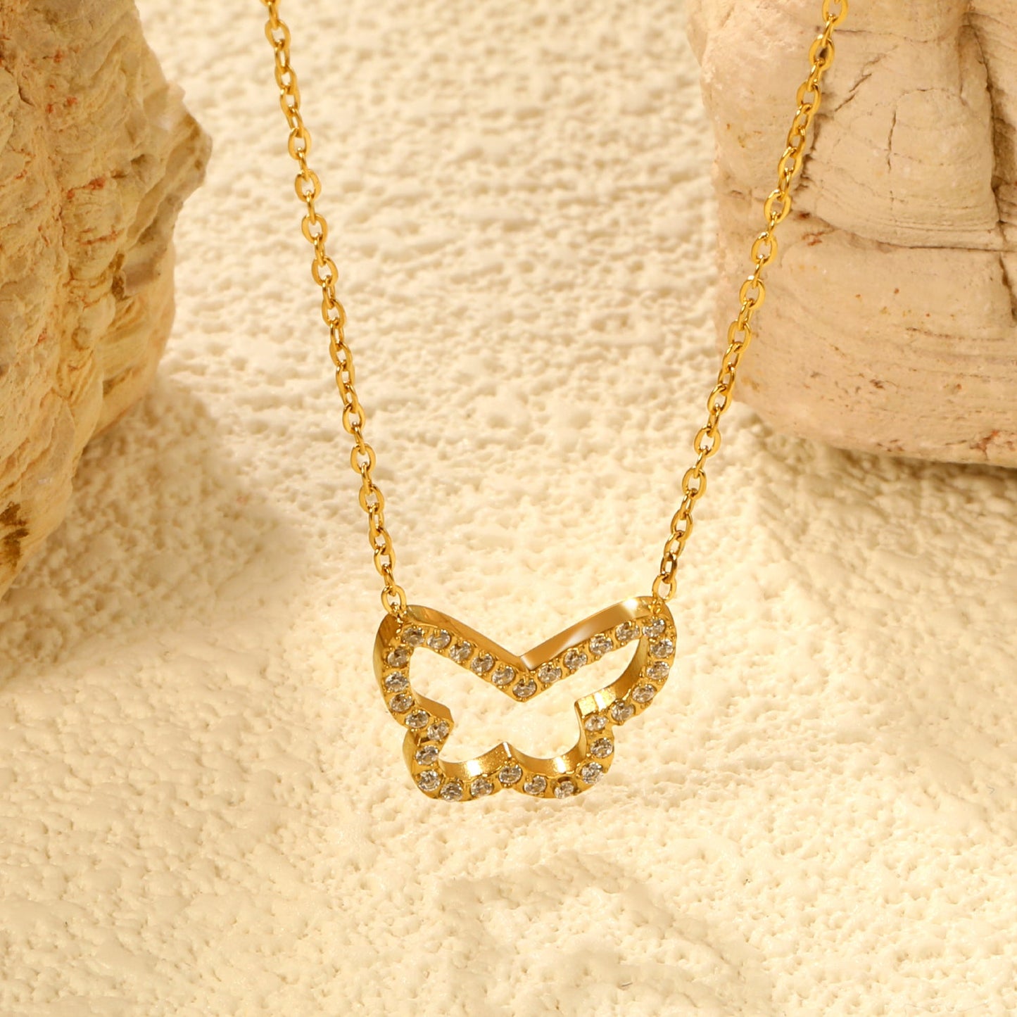 15x13mm butterfly CNC white zirconia pendant 0.3 cross chain 40+5cm+6mm necklace gold asonjewelry
