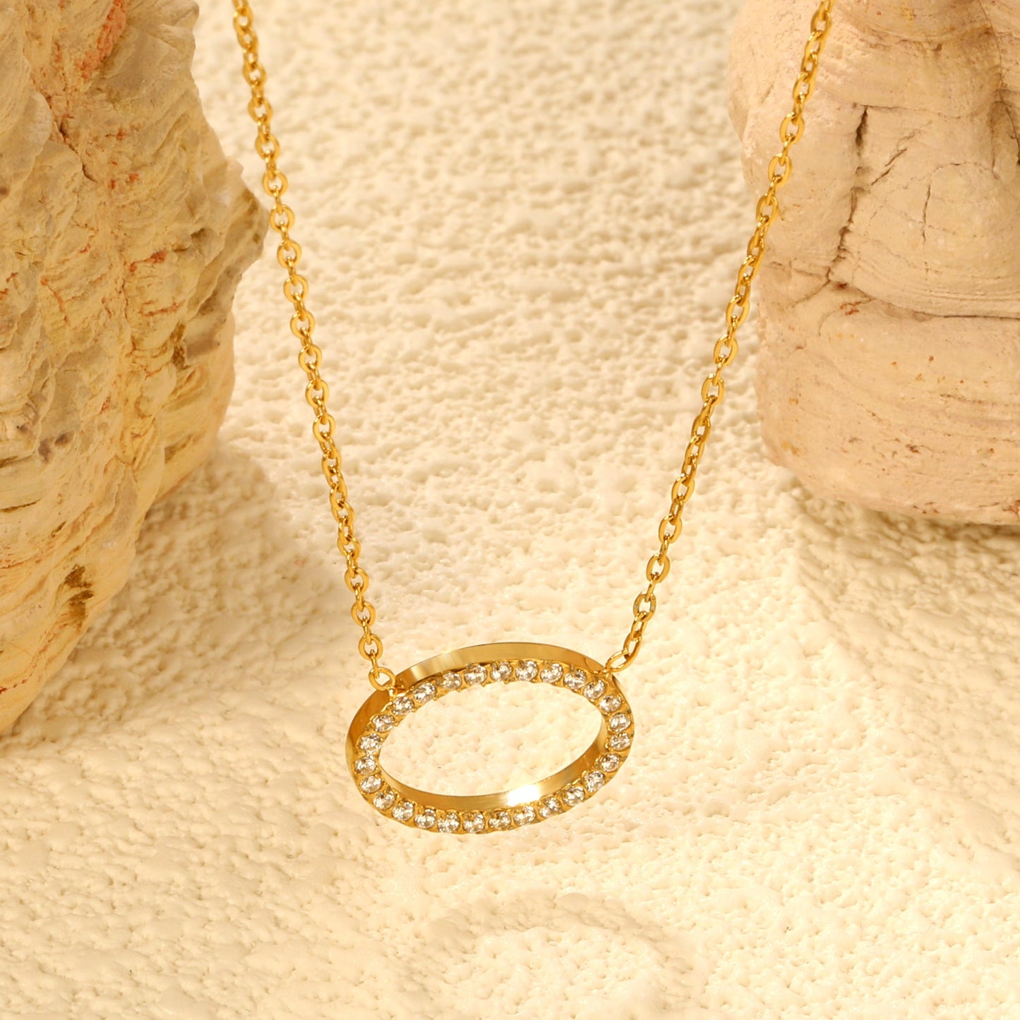 15 x 11.2mm oval CNC white zirconia pendant 0.3 cross chain 43+5cm + 6mm round tag necklace gold asonjewelry