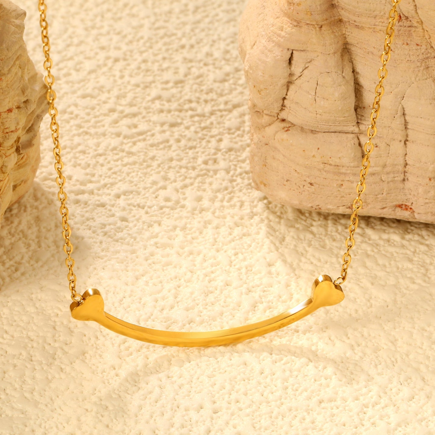 9.2 x 36.7mm curved bone pendant, 0.3mm cross chain 45+5cm, 6mm round tag necklace, gold asonjewelry