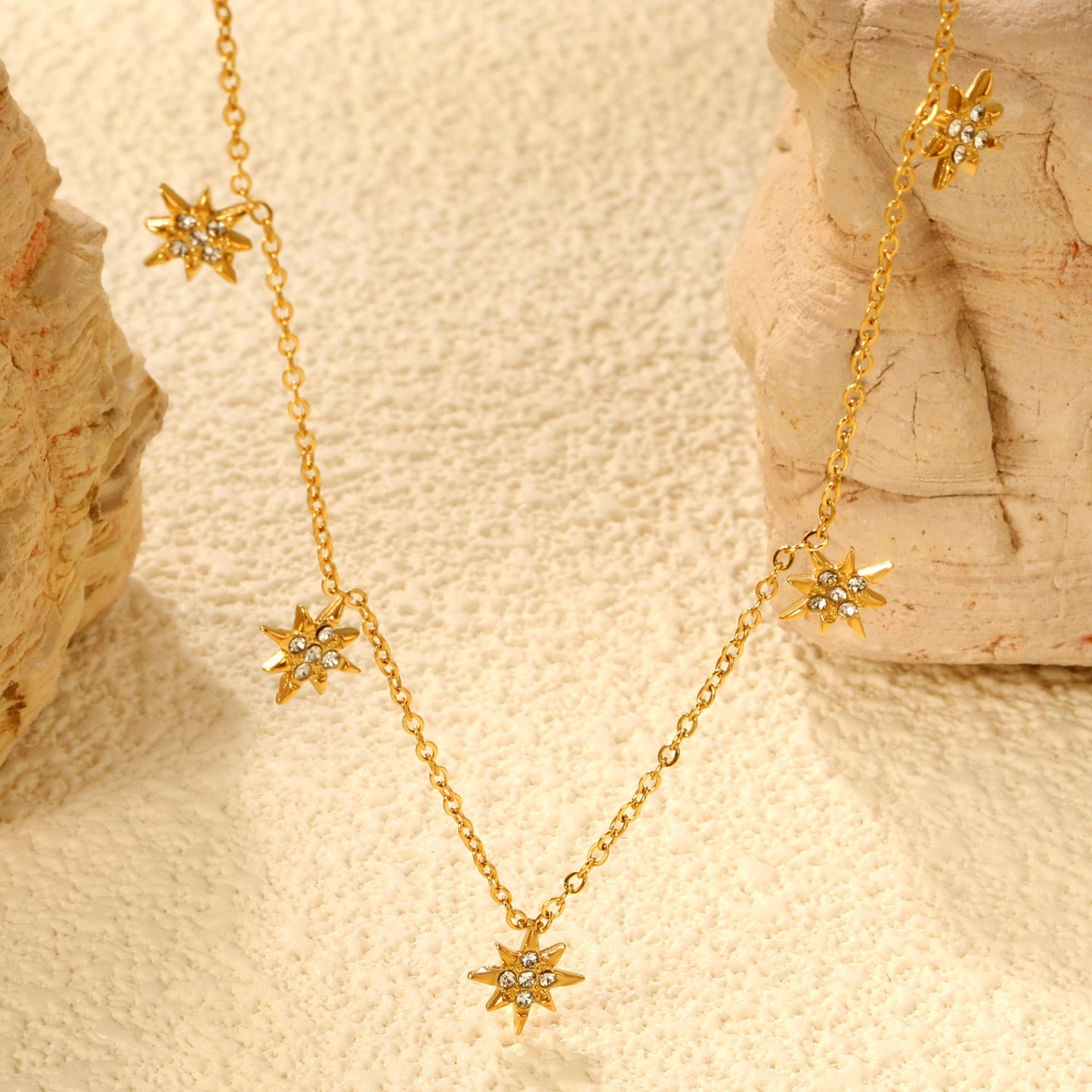 7.7 x 8.5 mm eight-pointed star accessory (5 white zirconia stones) 0.3 cross chain 40+5 cm + 6 mm round pendant necklace gold asonjewelry