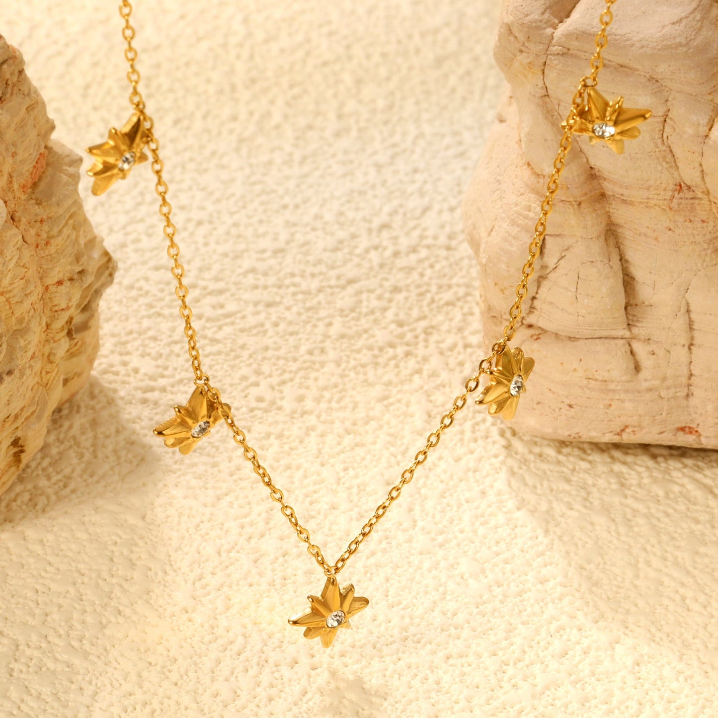 9.2 x 10mm eight-pointed star accessory (1 white zirconia), 0.3mm cross chain 40+5cm, 6mm round tag necklace, gold asonjewelry