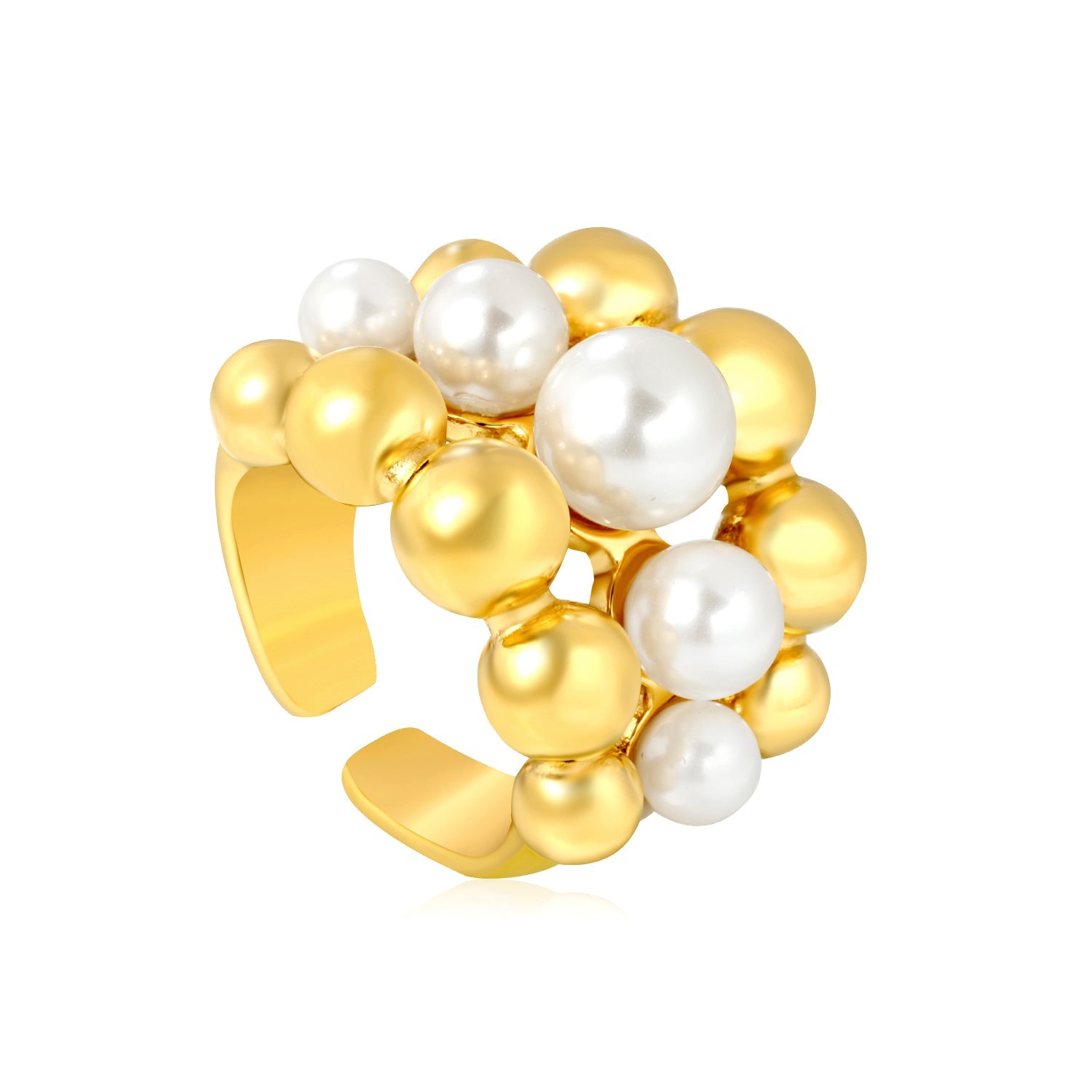 Wholesale 18K Gold Plated Pearl & Gold Bead Cluster Open Ring Hypoallergenic asonjewelry