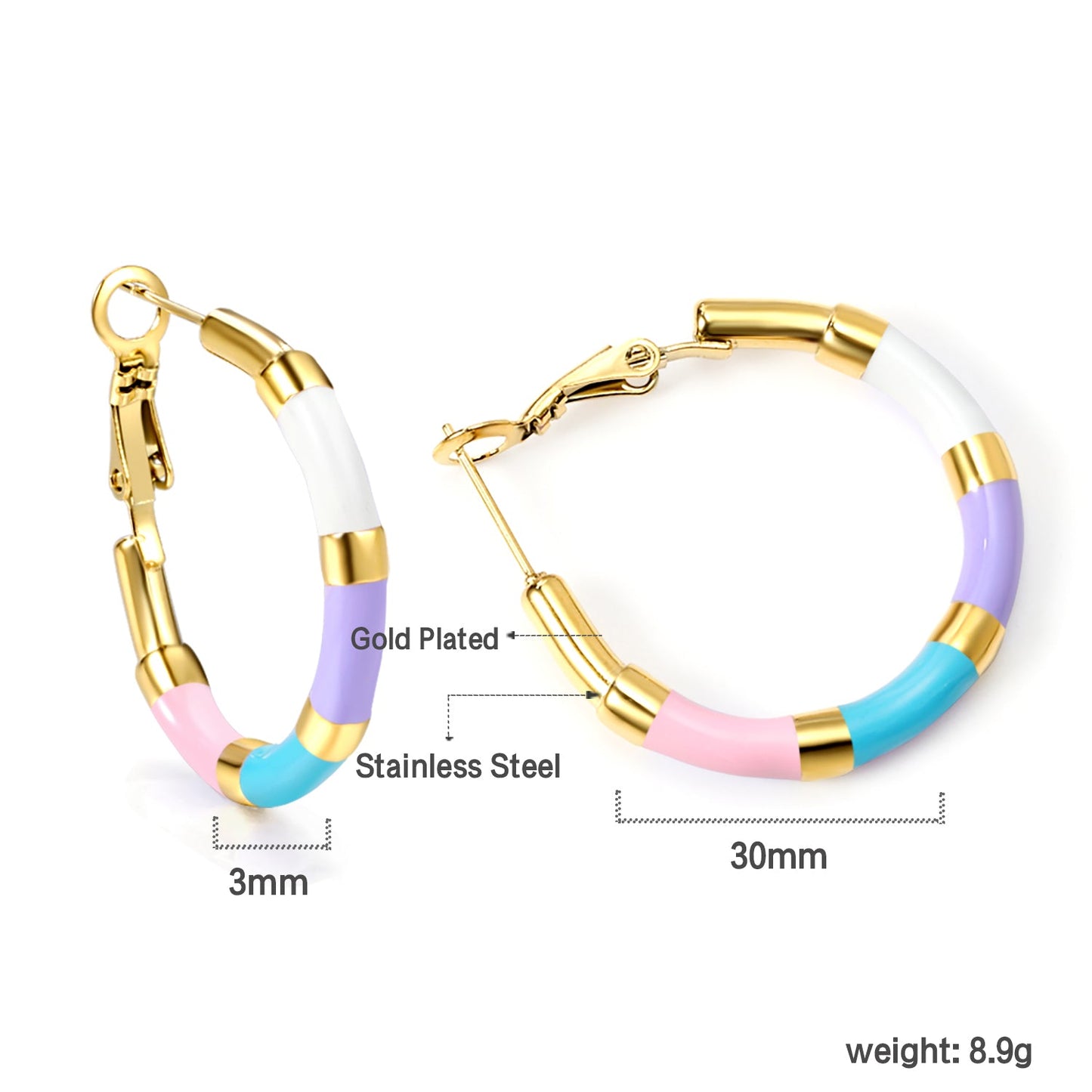 C-Stripe White&Purple&Sky Blue&Pink&Mixed Color Drop Earrings 3*30mm Gold Color asonjewelry