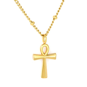 10*15mm Polished Egyptian Cross 0.4mm Side-Pressed Bead Chain 40+5cm+6mm Round Tail Tag Necklace Gold