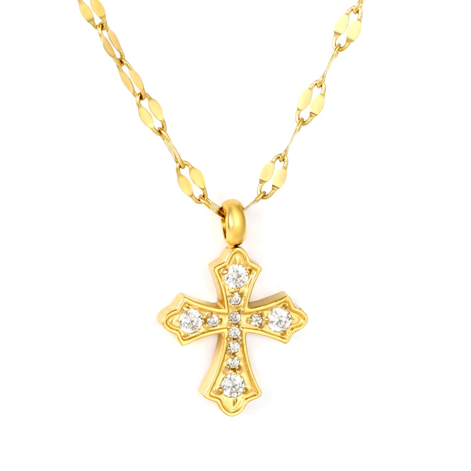 12.6*14mm CNC White Zircon Cross Lip Chain 40+5cm+6mm+Round Pendant Necklace Gold asonjewelry