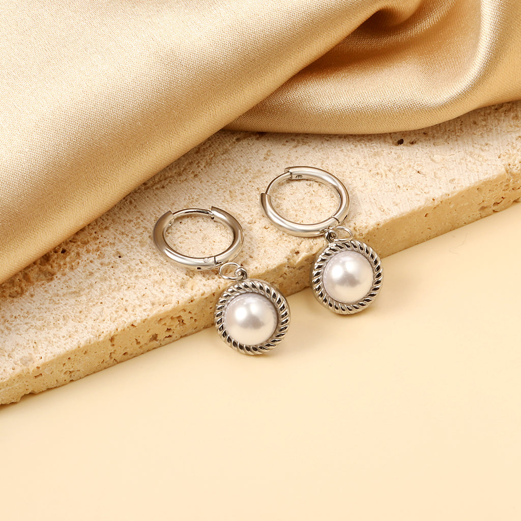 2*14 Circle with Round Twisted Edge with Half White Pearl Earrings 11.6mm