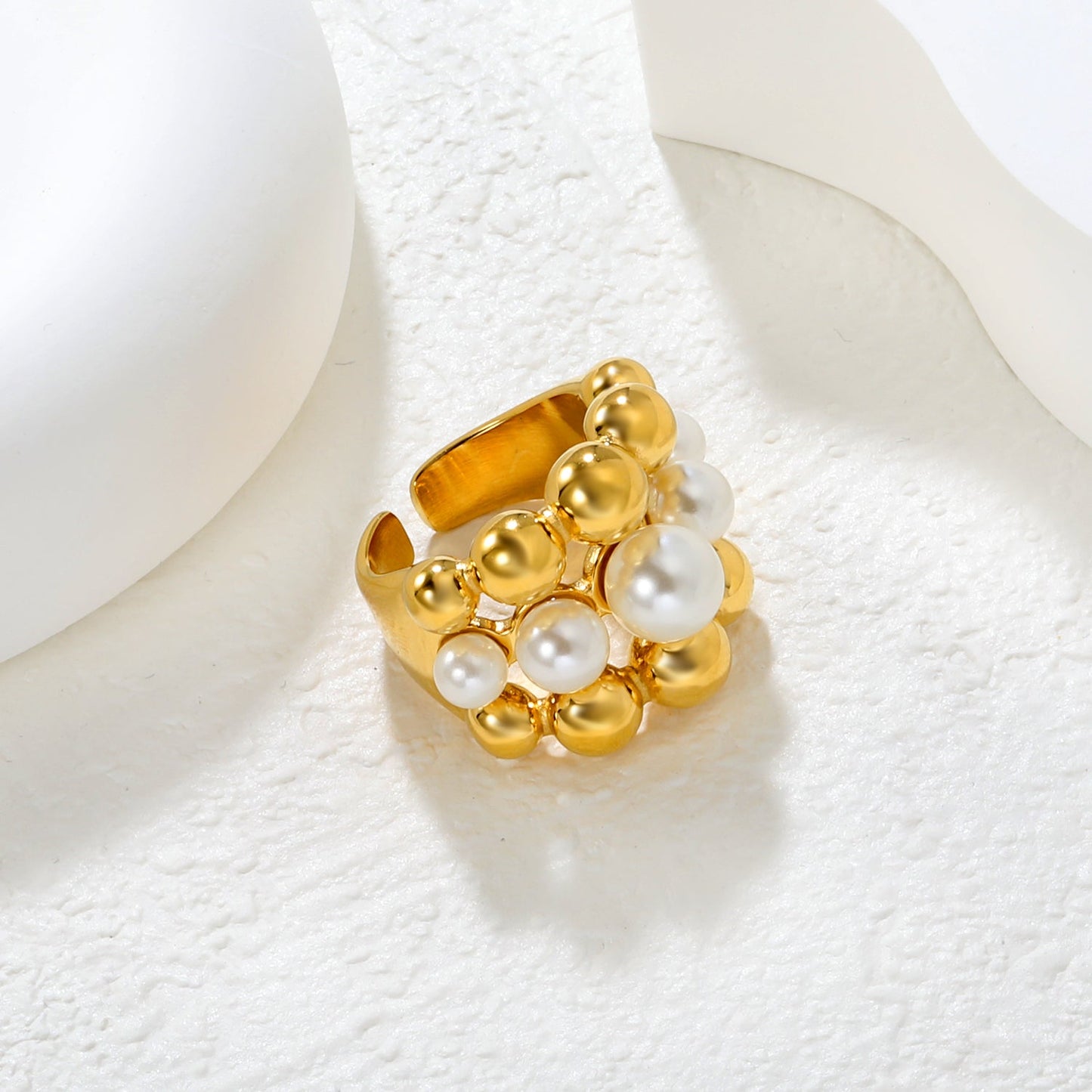 Wholesale 18K Gold Plated Pearl & Gold Bead Cluster Open Ring Hypoallergenic asonjewelry