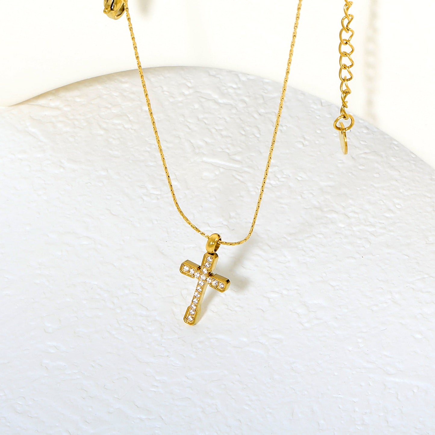 9.7*15mm CNC White Zircon Cross 0.3 Cross Hammer Round 40+5cm+6mm Round Tag Necklace Gold asonjewelry