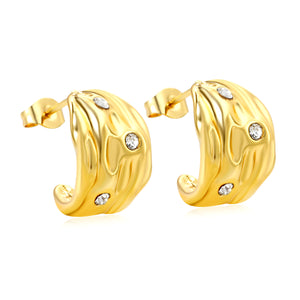 12.8*17.6mm Irregular pattern C-shaped stud earrings with white diamonds gold color