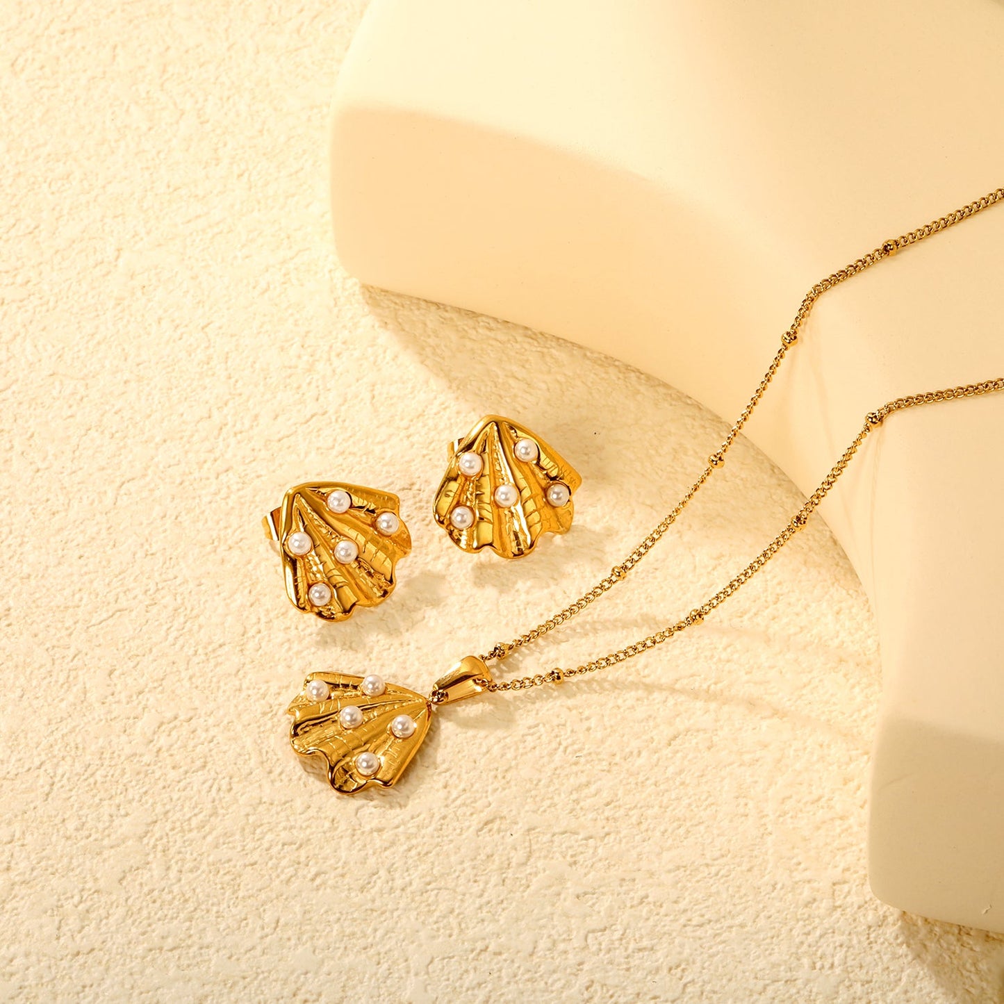 Stud Earrings + 0.4mm Side-Clip Pearl Chain 40+5cm + Round Tag in Gold asonjewelry