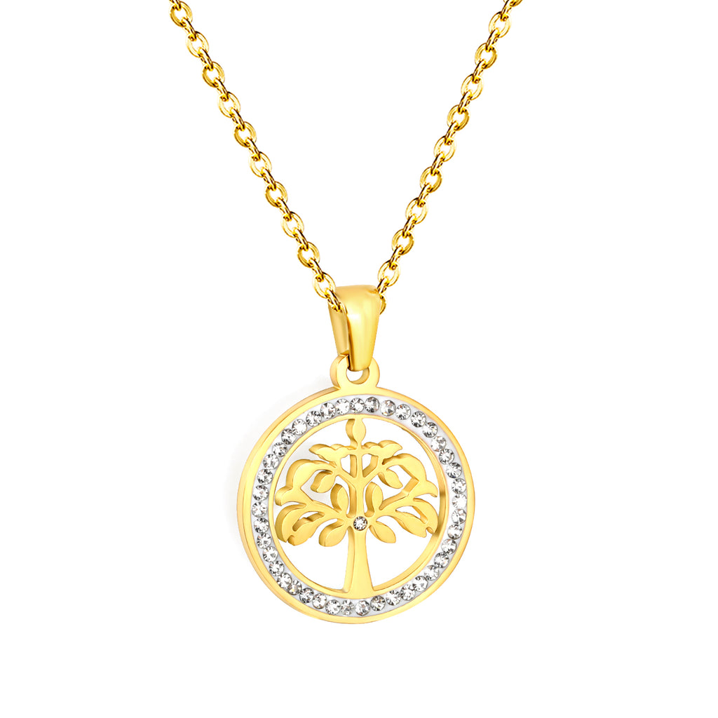 20.2mm Round Hollow Tree Sticky Diamond Pendant 45cm Necklace Golden