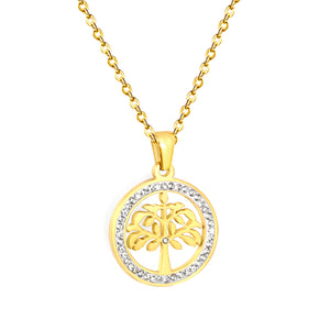 20.2mm Round Hollow Tree Sticky Diamond Pendant 45cm Necklace Golden