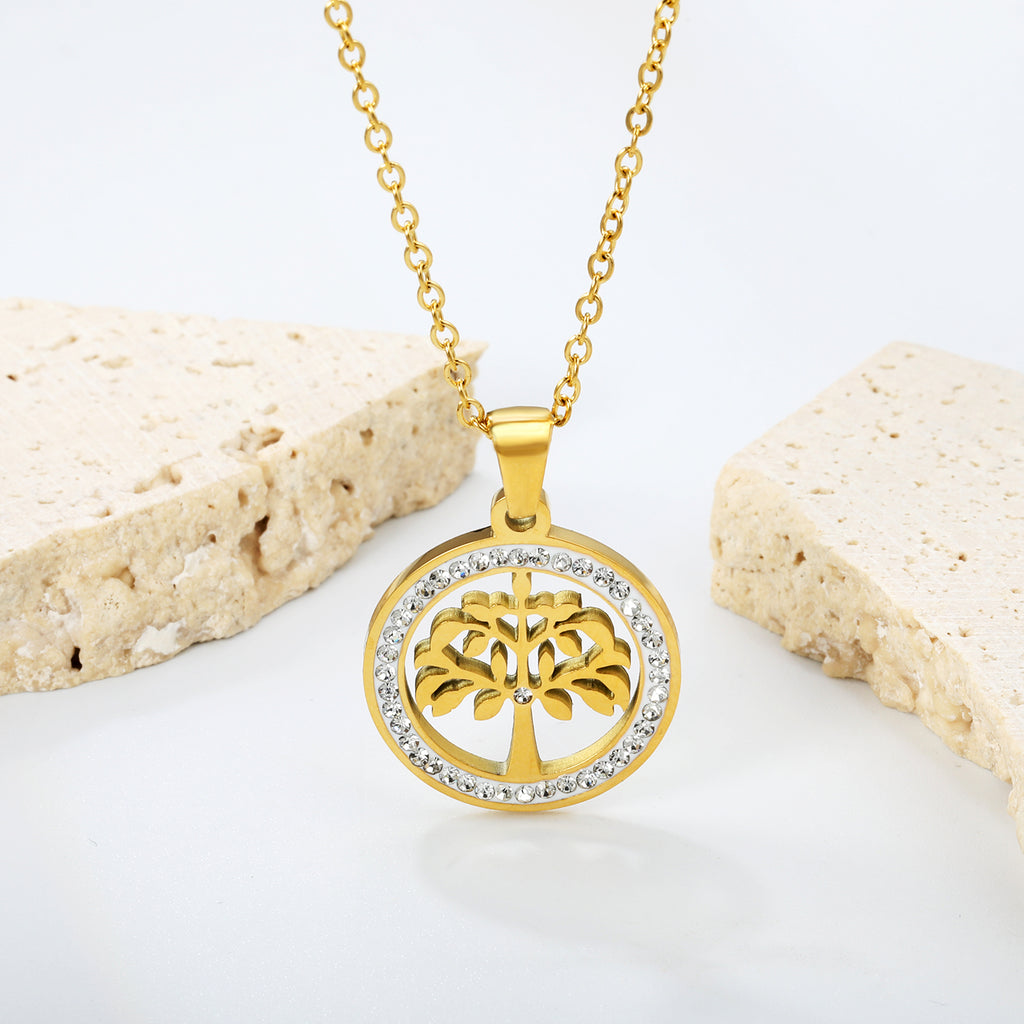 20.2mm Round Hollow Tree Sticky Diamond Pendant 45cm Necklace Golden