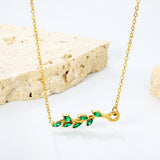 23*5.8mm Leaf with Green Zirconia Pendant 0.3 Cross Chain*40+5cm+6mm Round Plaque Necklace Golden