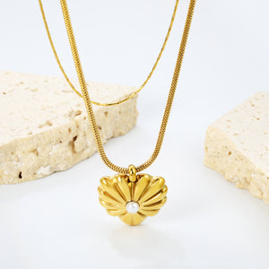 15*15.5mm heart shaped flower petal with white pearl pendant 1.2 round snake*45cm+0.6 cross hammered round chain 40cm+5cm+6mm round tag double chain necklace gold color