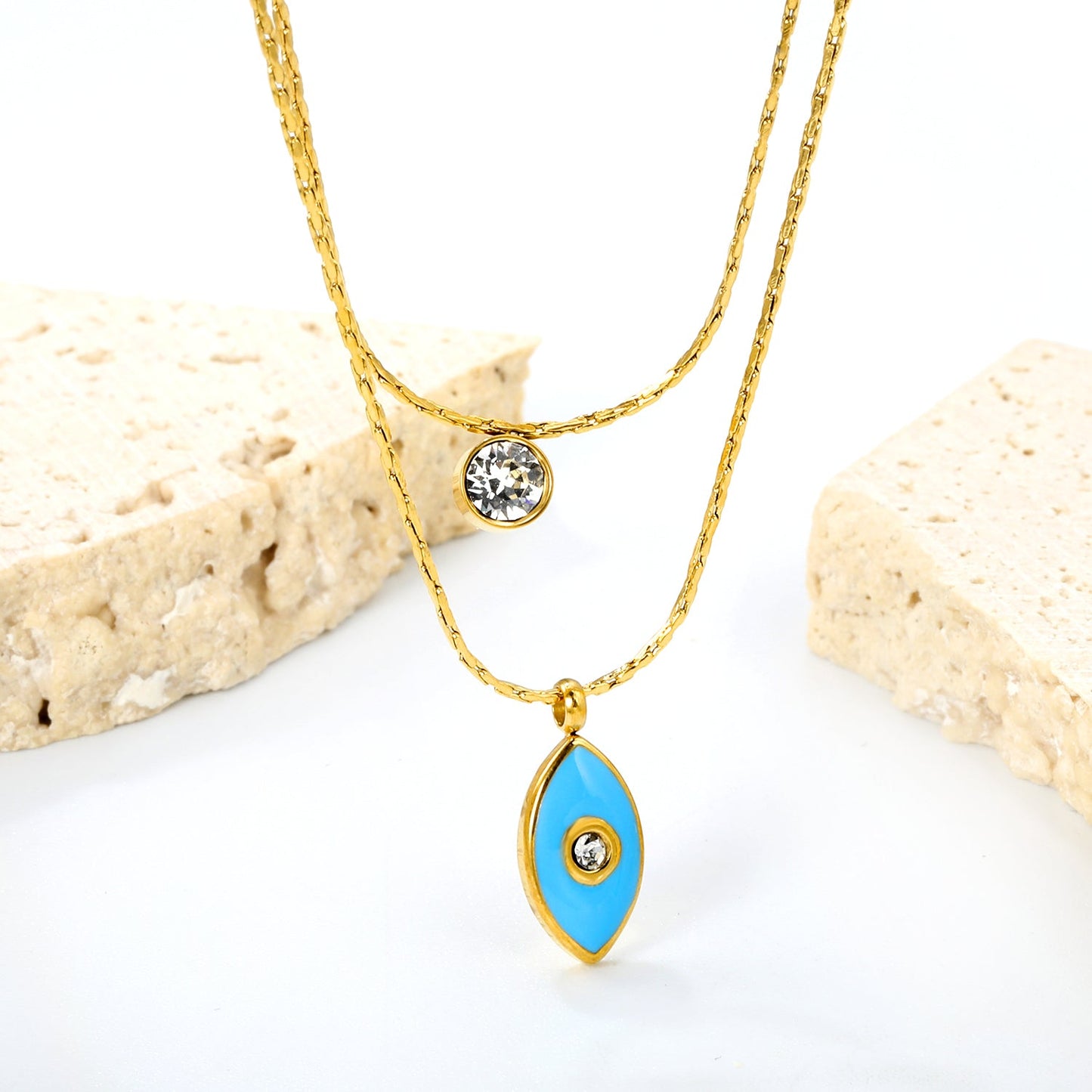 6.7*12.1mm Vertical Eye Drops Light Blue Oil Sticky White Diamond Pendant + 5mm Cylindrical Sticky White Diamond Accessory 0.9 Hammered Square Chain 50+40cm+5cm+6mm Round Plaque Double Chain Necklace GOLDEN asonjewelry