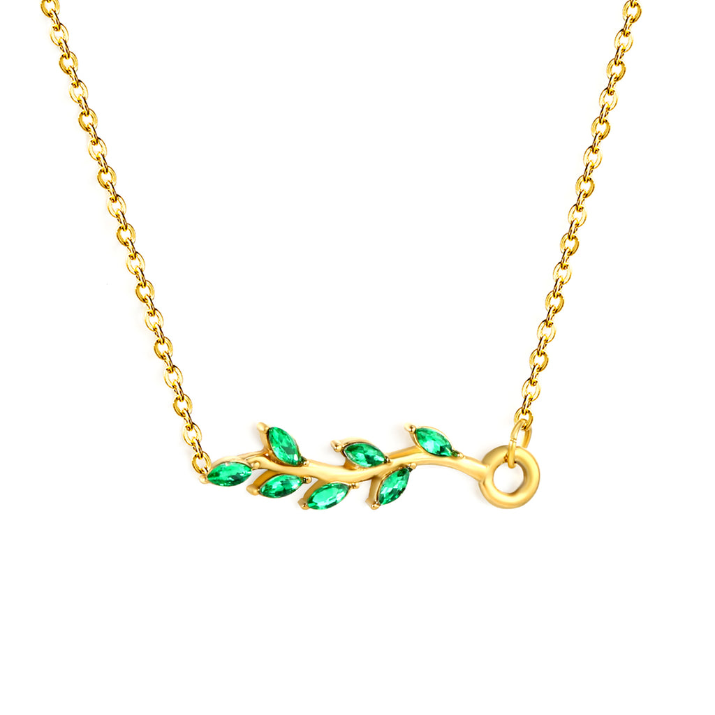 23*5.8mm Leaf with Green Zirconia Pendant 0.3 Cross Chain*40+5cm+6mm Round Plaque Necklace Golden