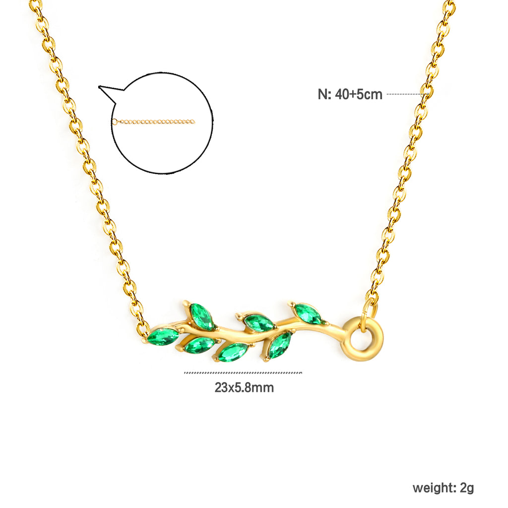 23*5.8mm Leaf with Green Zirconia Pendant 0.3 Cross Chain*40+5cm+6mm Round Plaque Necklace Golden