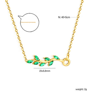 23*5.8mm Leaf with Green Zirconia Pendant 0.3 Cross Chain*40+5cm+6mm Round Plaque Necklace Golden