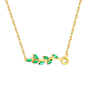 23*5.8mm Leaf with Green Zirconia Pendant 0.3 Cross Chain*40+5cm+6mm Round Plaque Necklace Golden