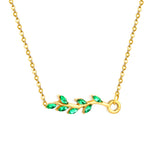23*5.8mm Leaf with Green Zirconia Pendant 0.3 Cross Chain*40+5cm+6mm Round Plaque Necklace Golden