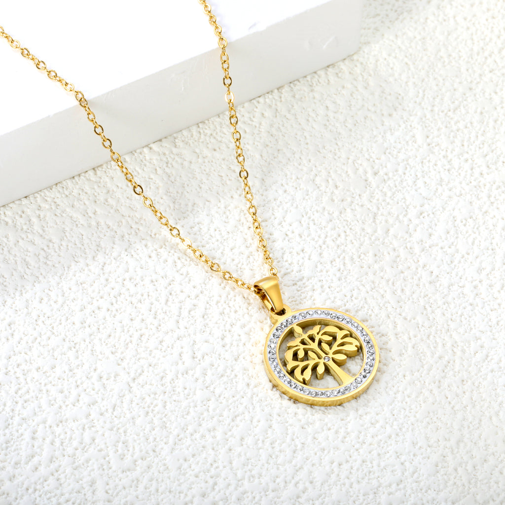 20.2mm Round Hollow Tree Sticky Diamond Pendant 45cm Necklace Golden