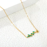 23*5.8mm Leaf with Green Zirconia Pendant 0.3 Cross Chain*40+5cm+6mm Round Plaque Necklace Golden
