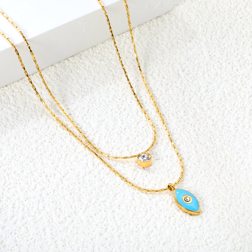 6.7*12.1mm Vertical Eye Drops Light Blue Oil Sticky White Diamond Pendant + 5mm Cylindrical Sticky White Diamond Accessory 0.9 Hammered Square Chain 50+40cm+5cm+6mm Round Plaque Double Chain Necklace GOLDEN