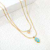6.7*12.1mm Vertical Eye Drops Light Blue Oil Sticky White Diamond Pendant + 5mm Cylindrical Sticky White Diamond Accessory 0.9 Hammered Square Chain 50+40cm+5cm+6mm Round Plaque Double Chain Necklace GOLDEN