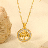 20.2mm Round Hollow Tree Sticky Diamond Pendant 45cm Necklace Golden