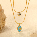 6.7*12.1mm Vertical Eye Drops Light Blue Oil Sticky White Diamond Pendant + 5mm Cylindrical Sticky White Diamond Accessory 0.9 Hammered Square Chain 50+40cm+5cm+6mm Round Plaque Double Chain Necklace GOLDEN