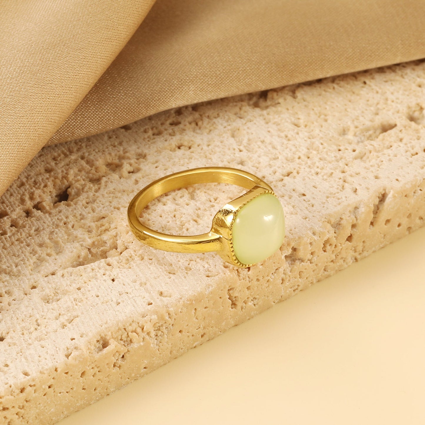 Square band with green natural stone ring asonjewelry
