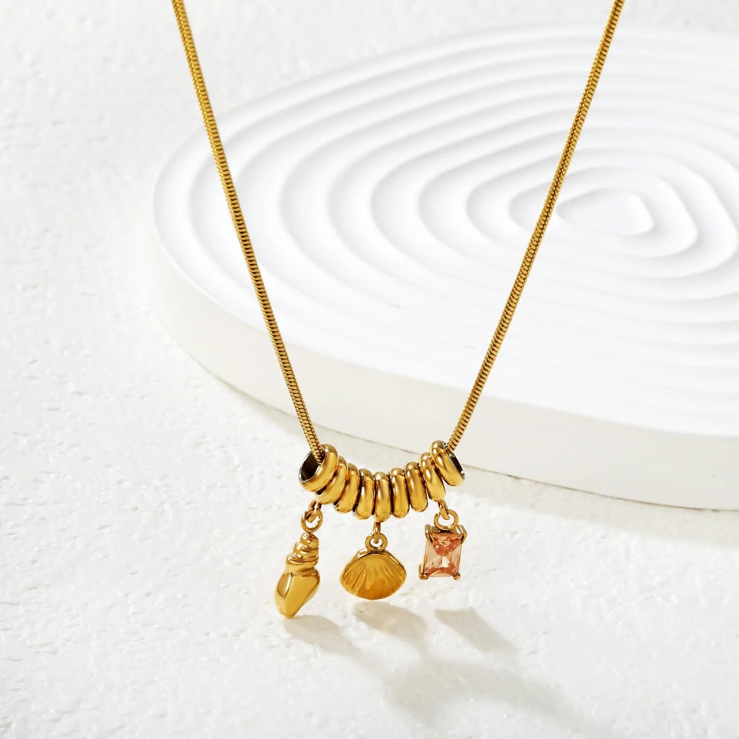 Gold Conch Shell Pendant Necklace 1.2mm Round Snake Chain 42+5cm with 9 Pcs 6mm Lathe Rings 57mm Champagne Diamond Rectangles 8*7mm Shell 6*10mm Conch Pendant asonjewelry