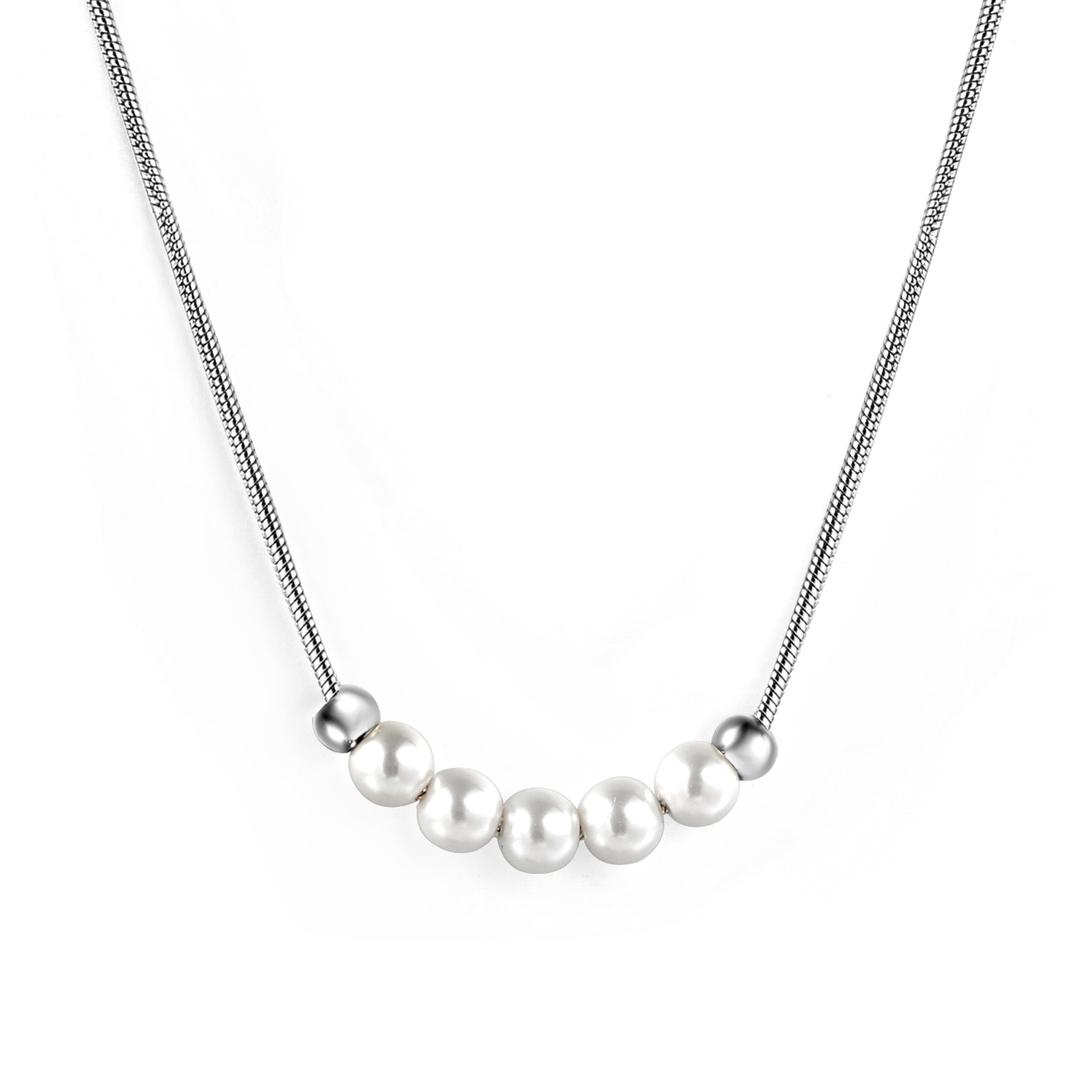 5 white pearls 4.9mm + 2 steel beads 3.9mm necklace 44+5cm asonjewelry