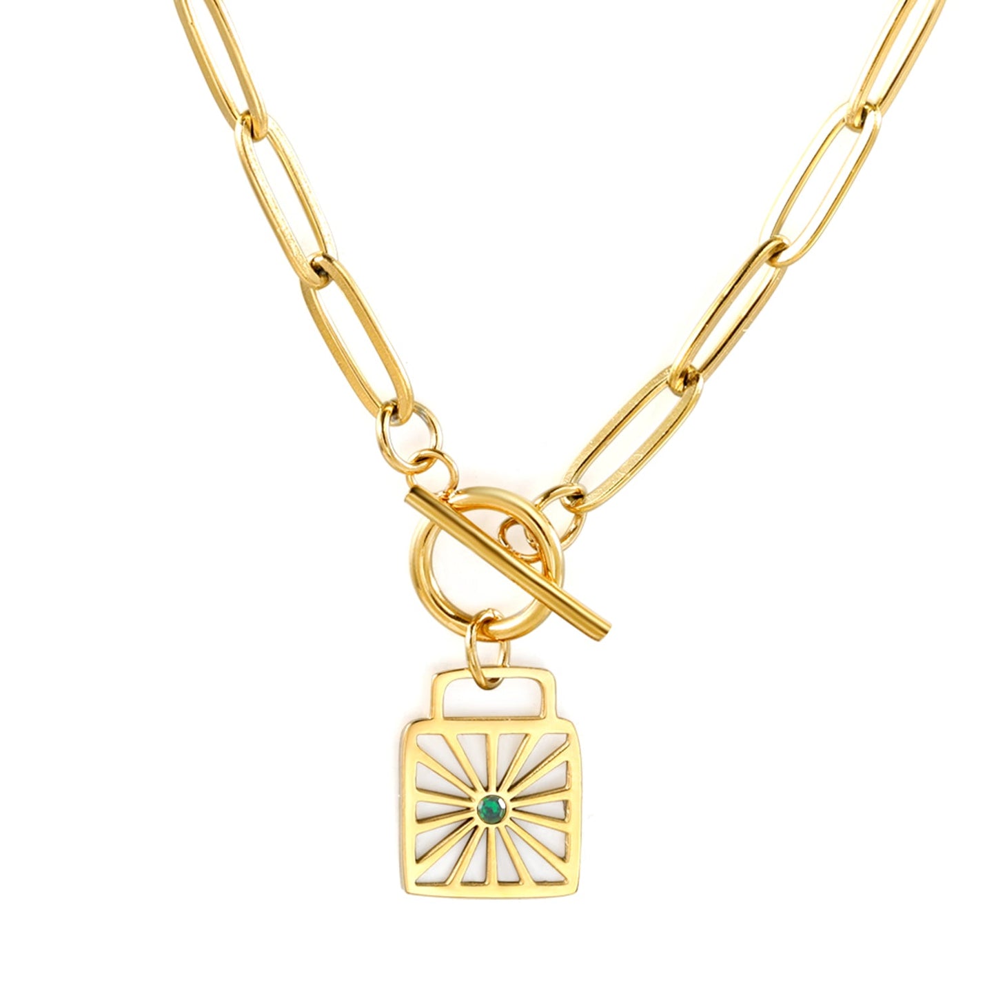 Square hollowed out pendant with green diamonds 15*28mm necklace 45cm asonjewelry