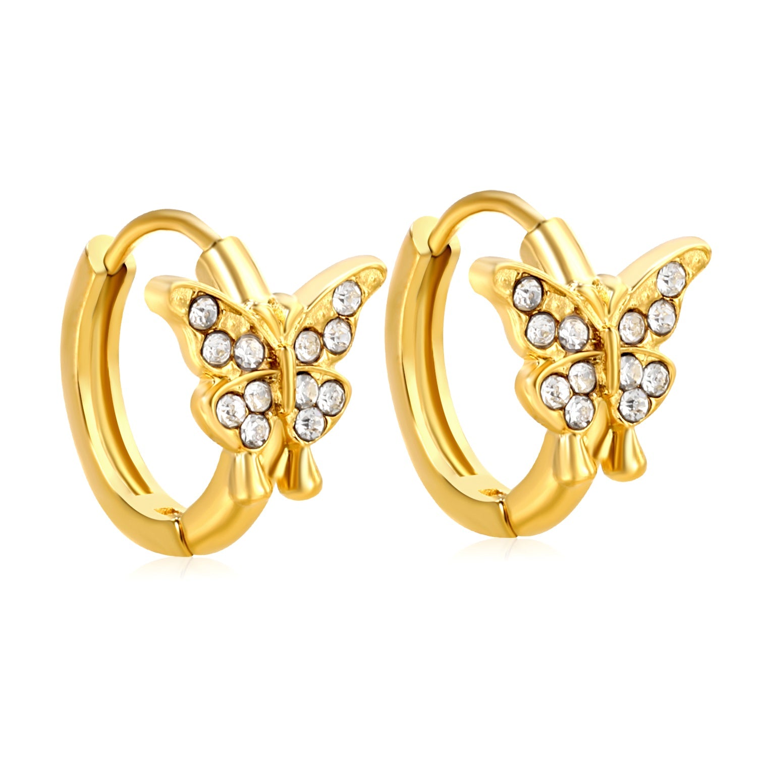 10.3 x 8.8mm butterfly-shaped white zirconia earring with a 2.2mm earring post and a 10mm inner diameter, gold-colored asonjewelry
