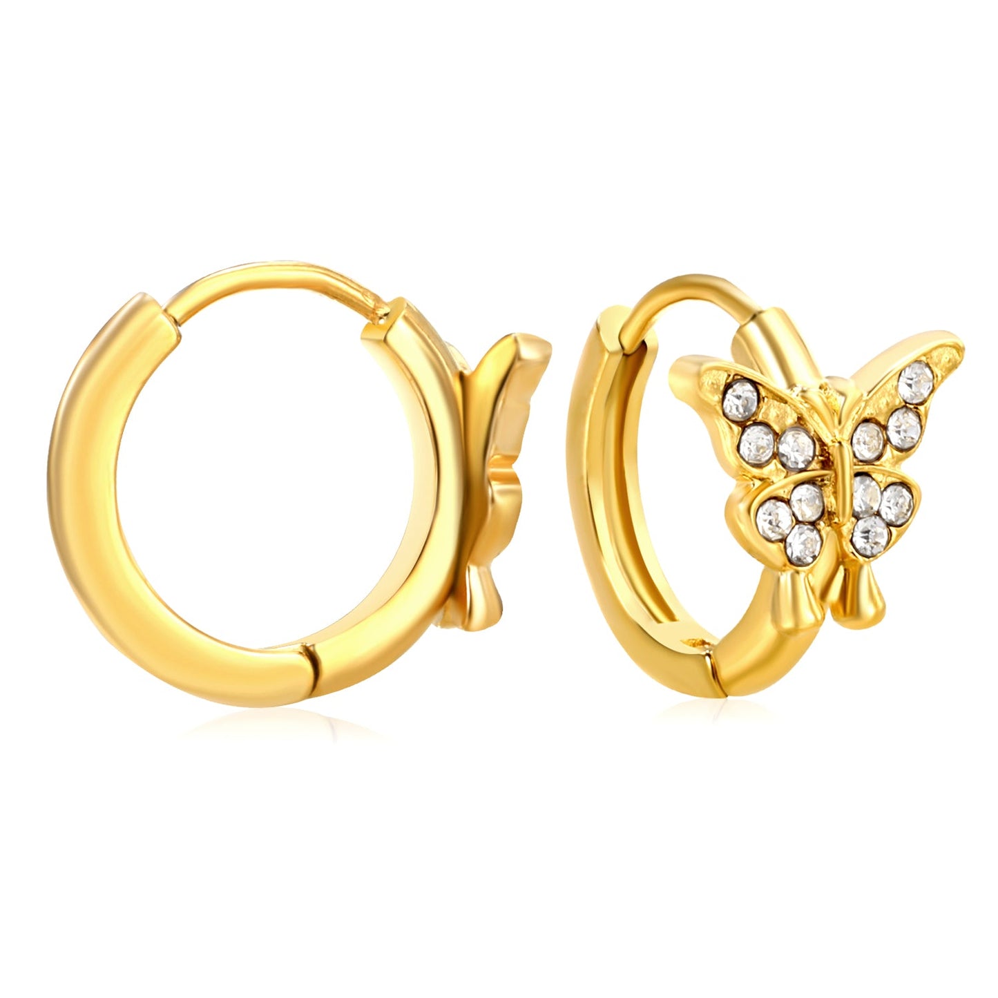 10.3 x 8.8mm butterfly-shaped white zirconia earring with a 2.2mm earring post and a 10mm inner diameter, gold-colored asonjewelry