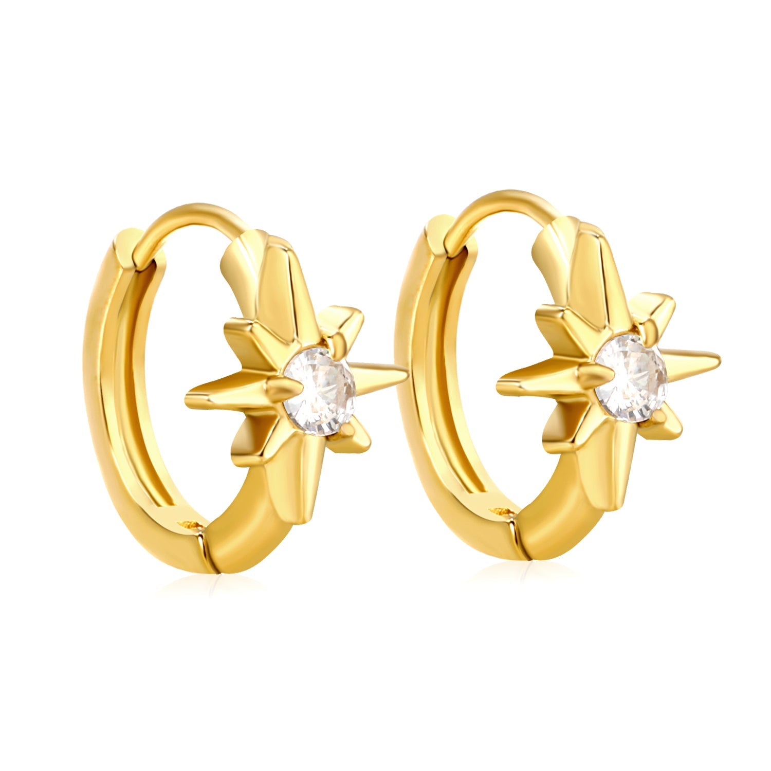 8.9 x 9.6mm eight-pointed star with white zirconia earring with 2.2mm earring post and 10mm inner diameter, gold-colored asonjewelry