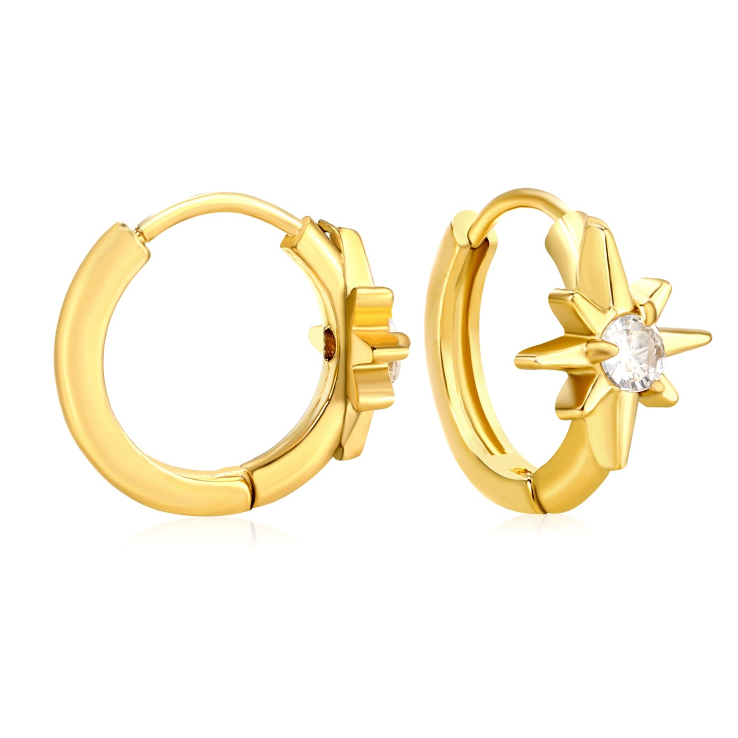 8.9 x 9.6mm eight-pointed star with white zirconia earring with 2.2mm earring post and 10mm inner diameter, gold-colored asonjewelry