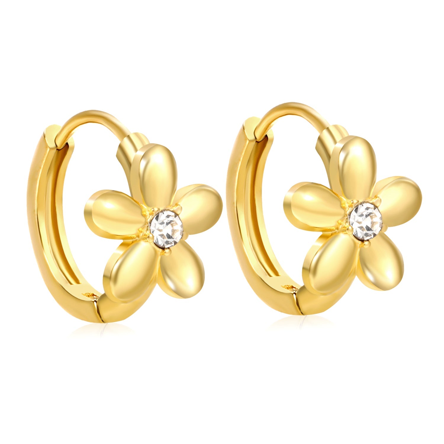10mm flower-shaped white zirconia earring with a 2.2mm post and a 10mm inner diameter, gold color asonjewelry