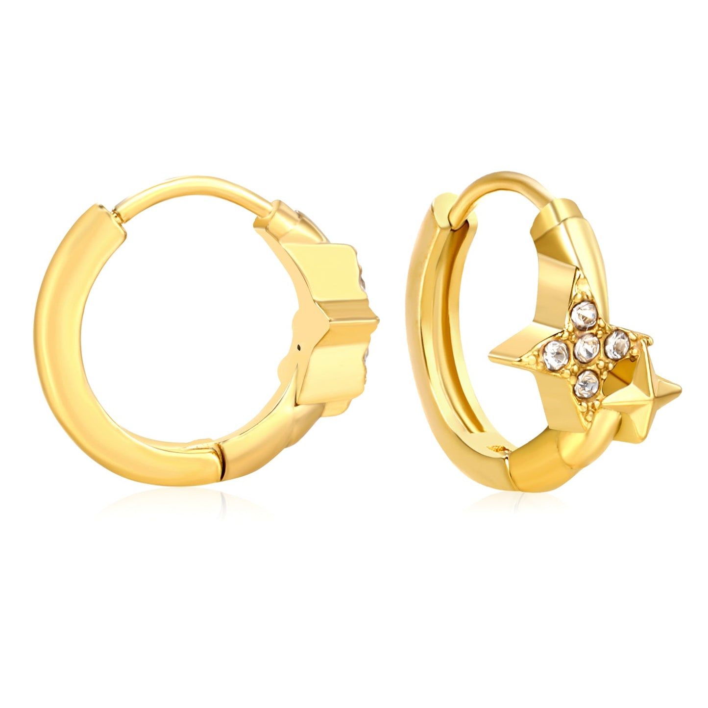 8 x 7.5mm four-pointed star imitation white Czech diamonds, earring posts 2.2 x inner diameter 10mm, gold-colored earrings asonjewelry