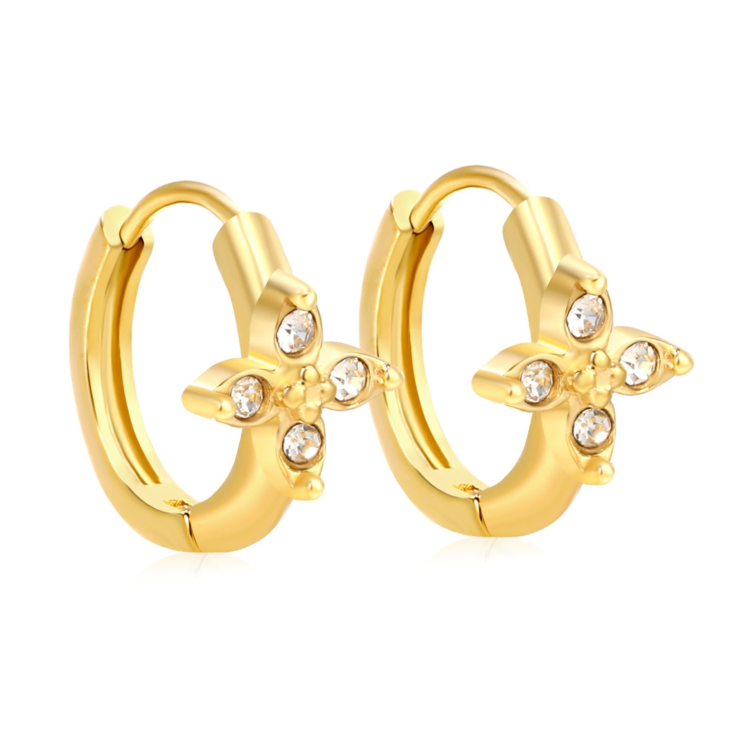 7.5 x 7.7mm cross flower with white zirconia, ear hook 2.2 x inner diameter 10mm, gold earrings asonjewelry