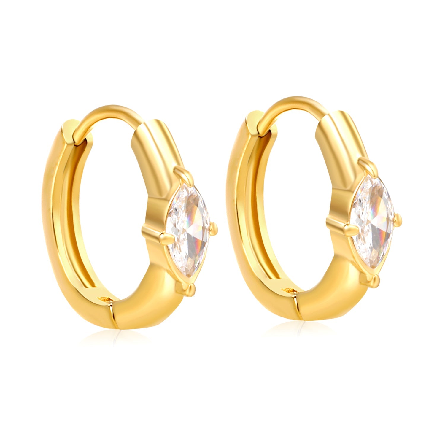 3.7 x 6.7mm diamond-shaped white zirconia stud earrings with a 2.2mm post and a 10mm inner diameter, gold-colored asonjewelry