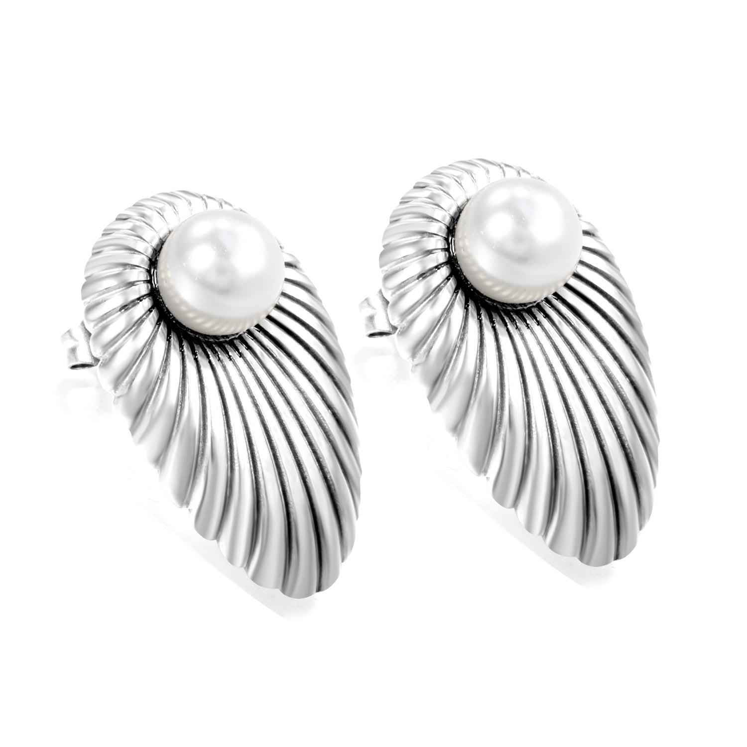 Oval Leaf with 1 White Pearl Stud Earrings 15.2*24mm asonjewelry