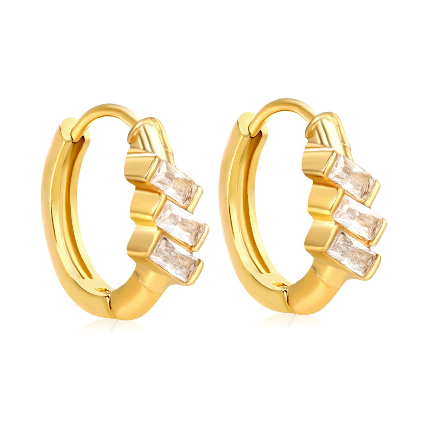 4.2 x 8mm three oblique square-shaped white zirconia earrings with 2.2 x 10mm inner diameter ear hooks, gold color asonjewelry