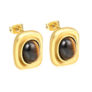 14.4*17.2mm square + oval tiger eye stone stud earrings Gold color