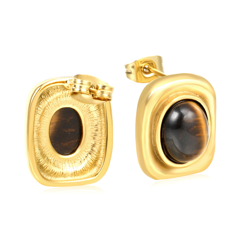 14.4*17.2mm square + oval tiger eye stone stud earrings Gold color